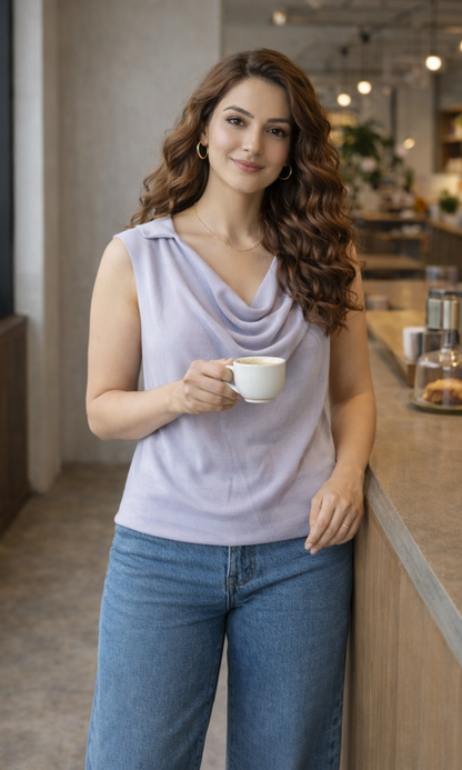 Light Lavender Collared Cowl Neck Top