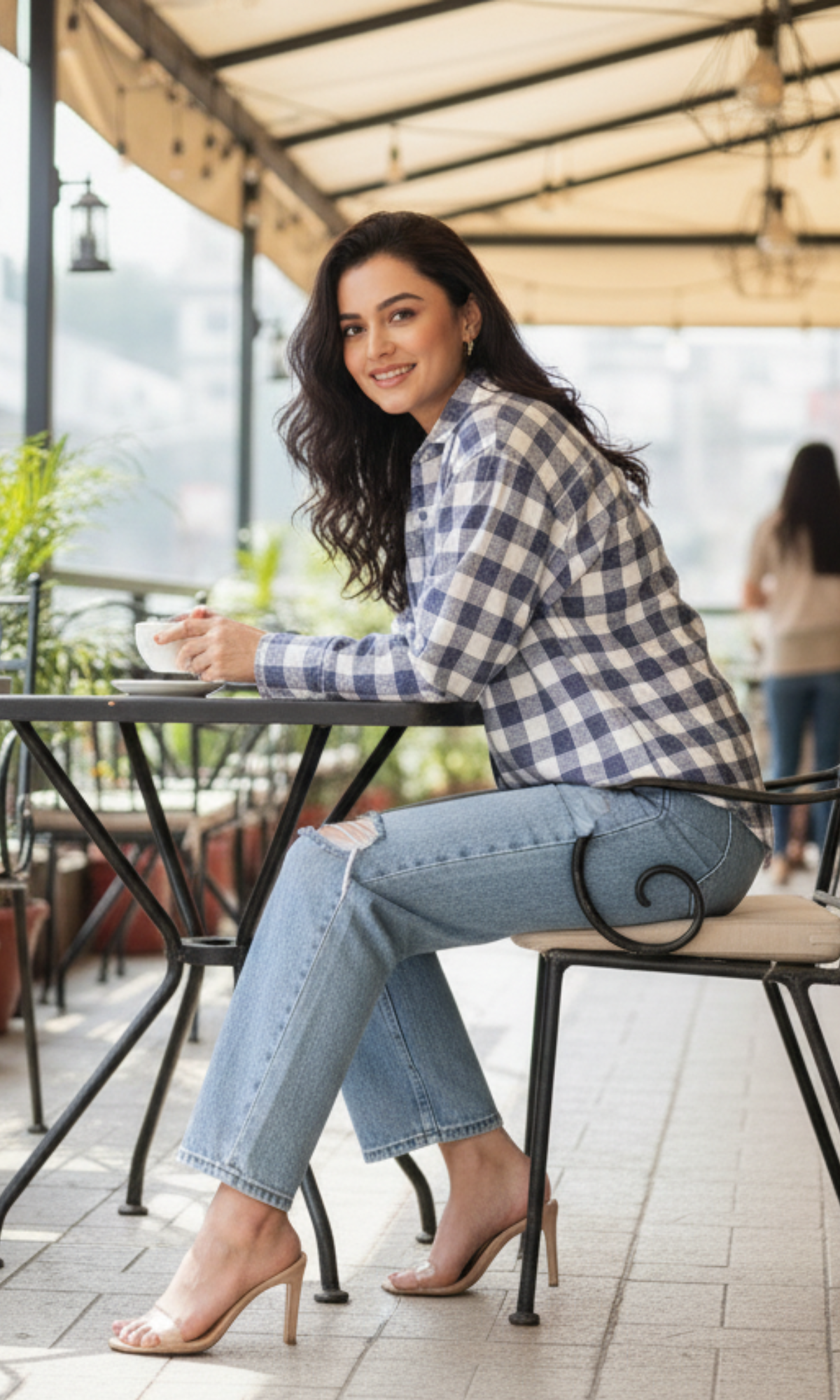 Indigo checked shirt with block plaid design and long sleeves