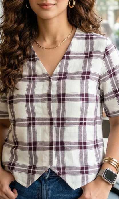 Plum Grid Sleeved Waist Coat