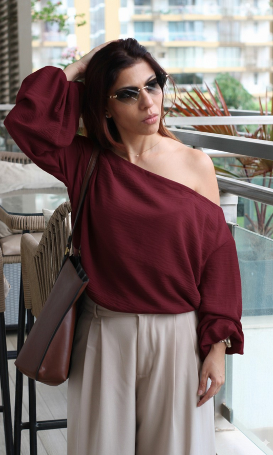 Wine Balloon Sleeved One Shoulder Top