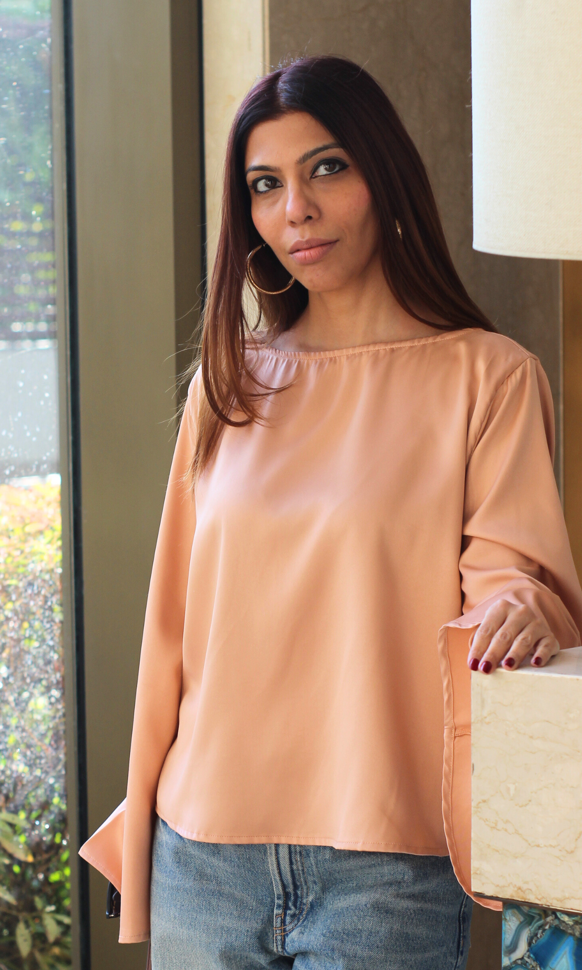 Light Apricot Flared Sleeve Satin Top