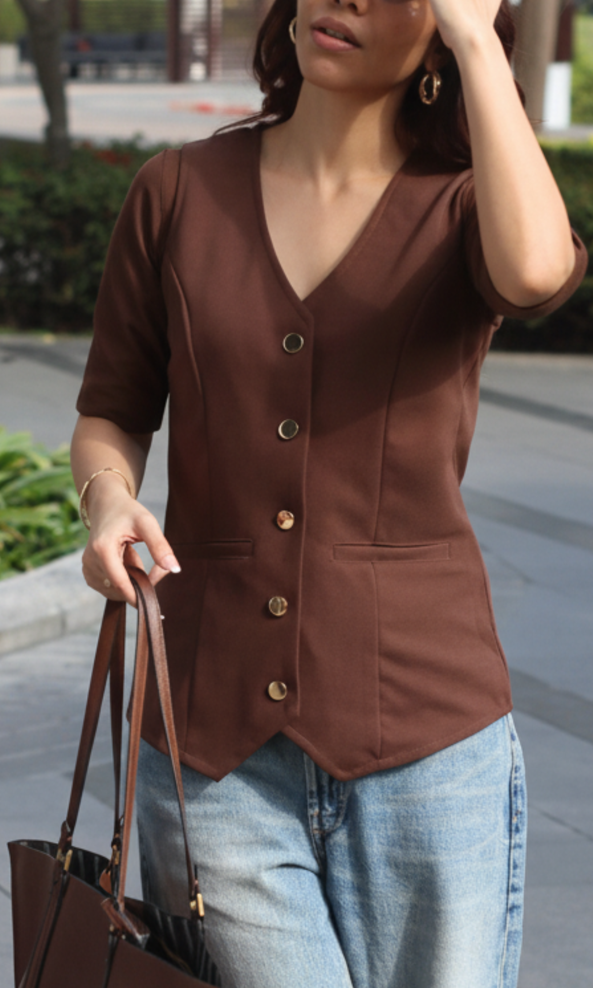 Sepia Sleeved Metallic Buttoned Waist Coat