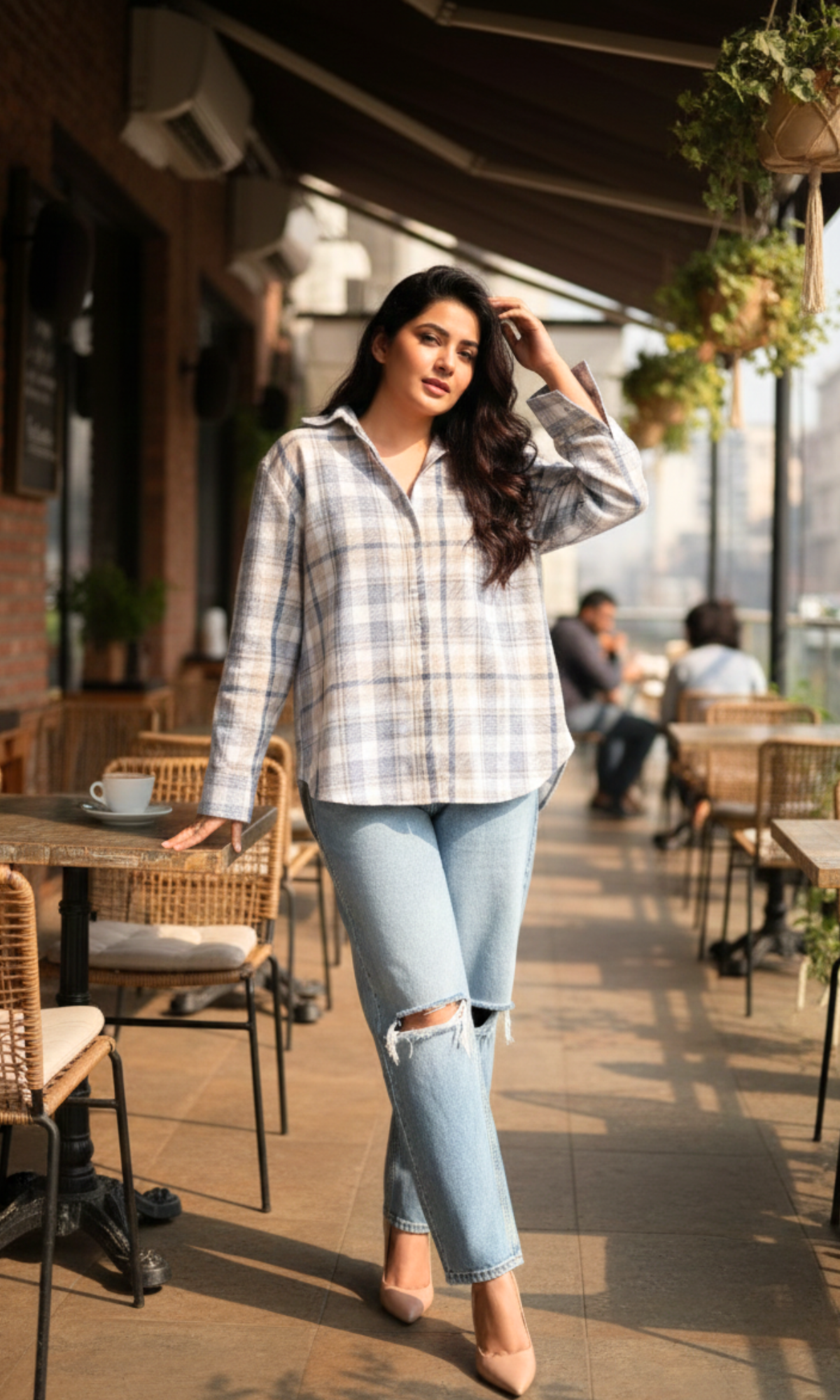 Women's blue beige plaid shirt made from soft cotton fabric