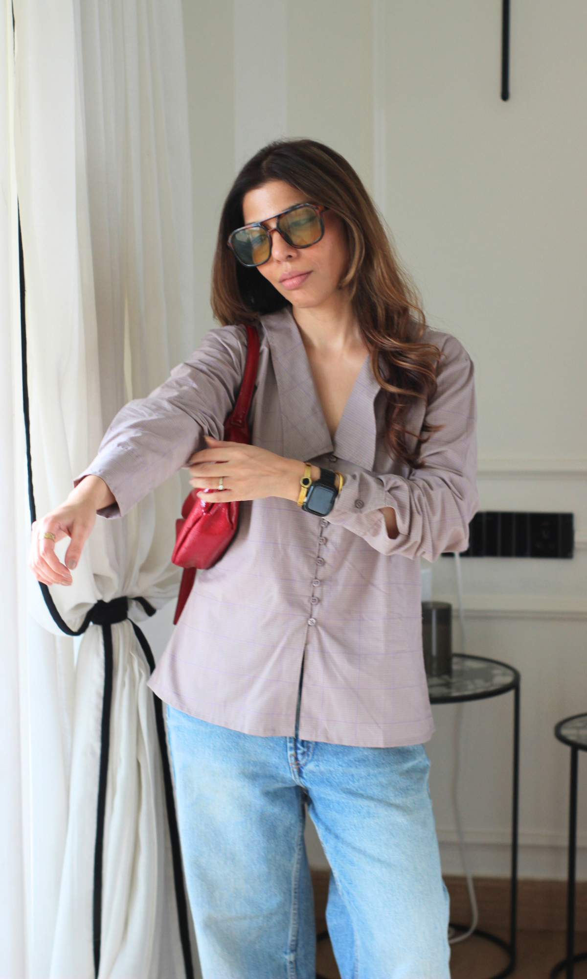 Rosewood Windowpane Oversized Collared Shirt