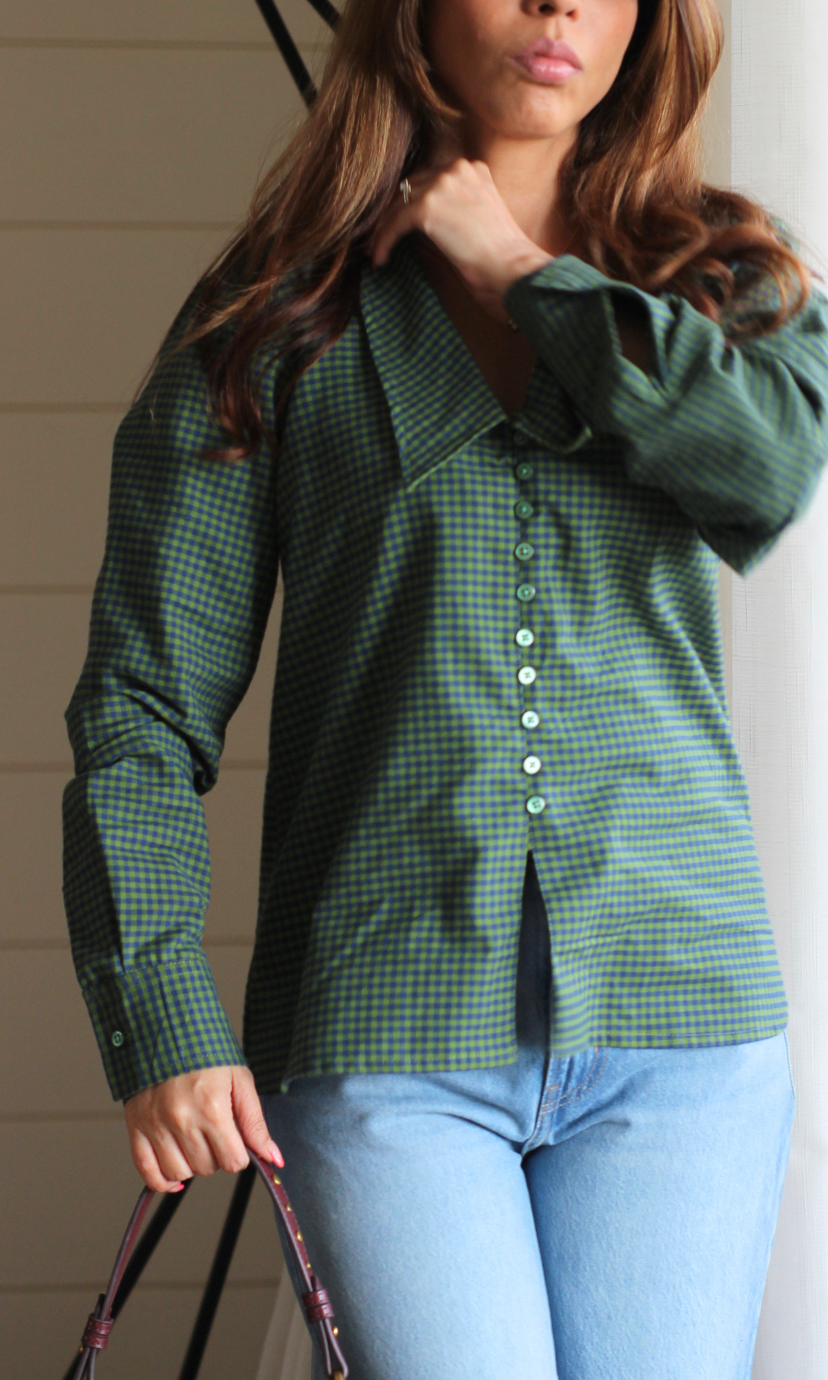 Olive Gingham Oversized Collar Shirt