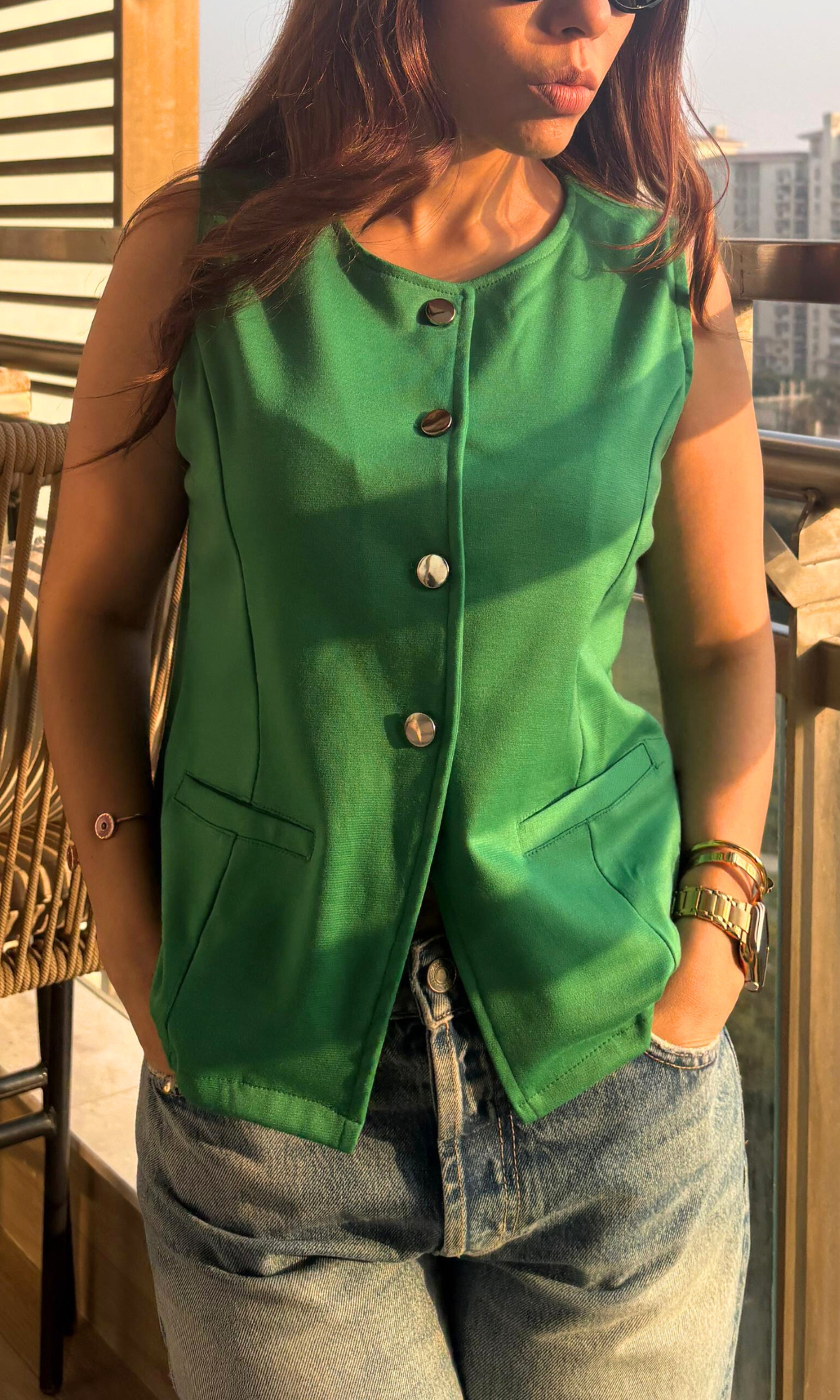 Close‑up of fabric texture and detailing on Kelly round neck waist coat for women