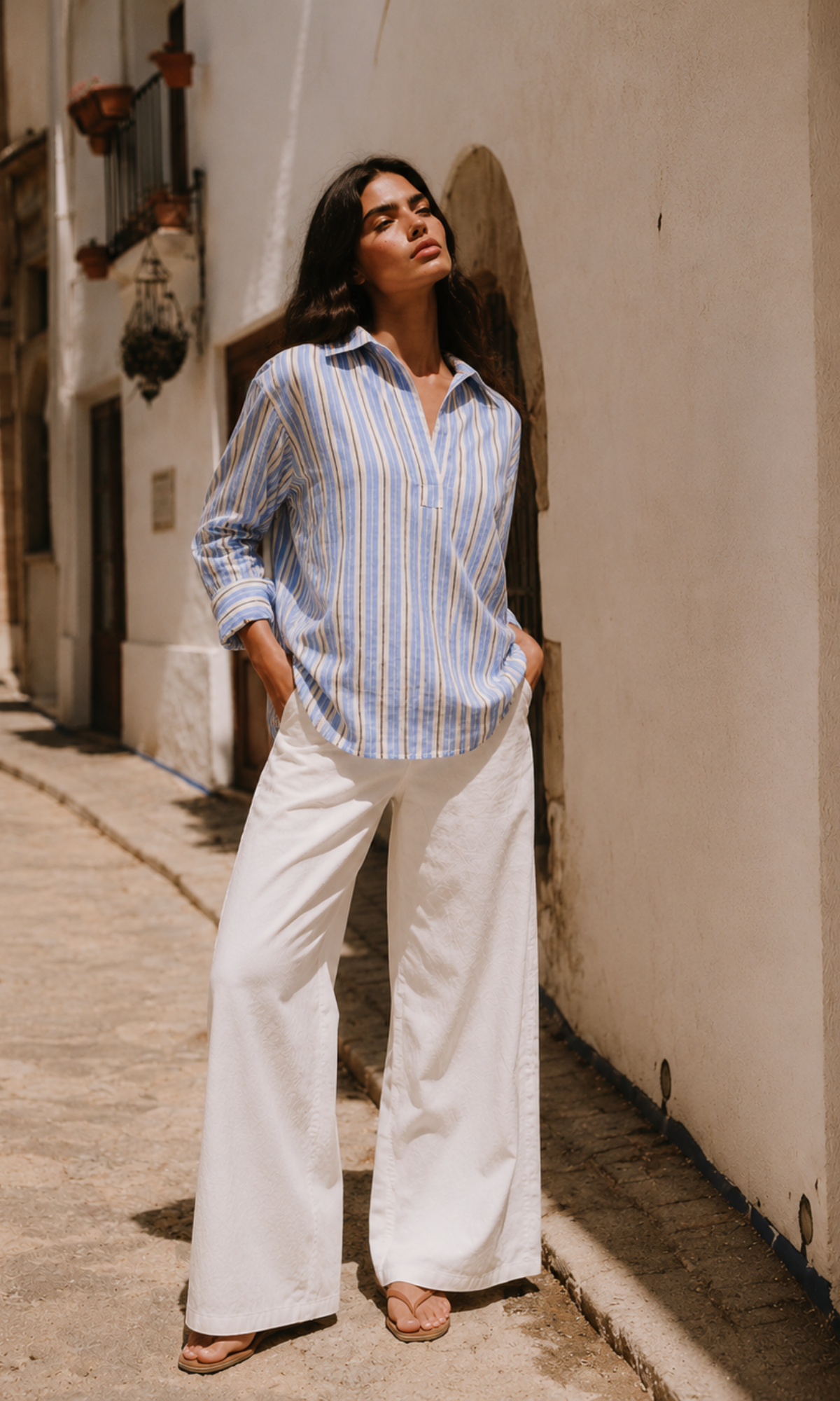 Ivory Blue Stripe Popover Top