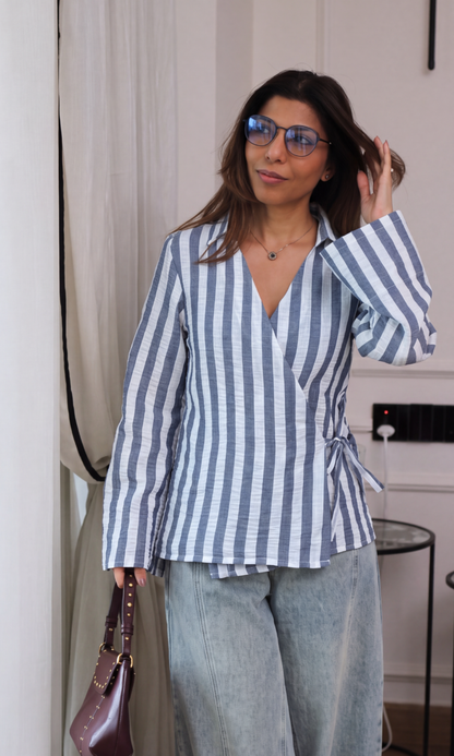 Navy Breton Stripe Bell-Sleeve Kimono Top