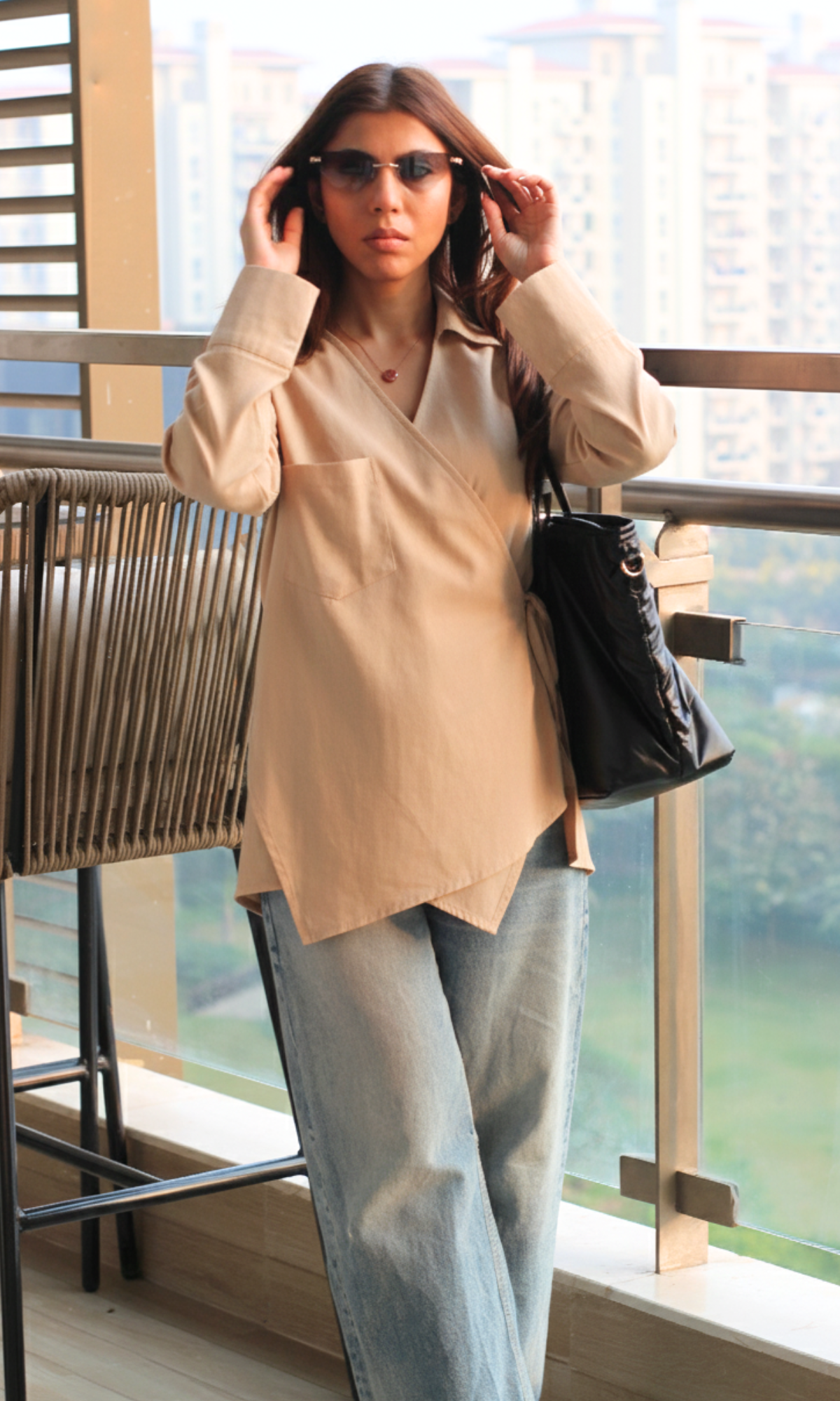 Beige Linen Cuts Detail Kimono Top