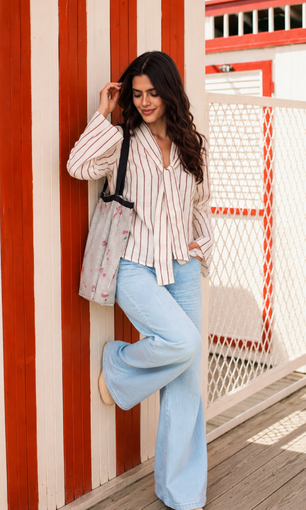 Ivory Striped Tie-Neck Flared Sleeve Top