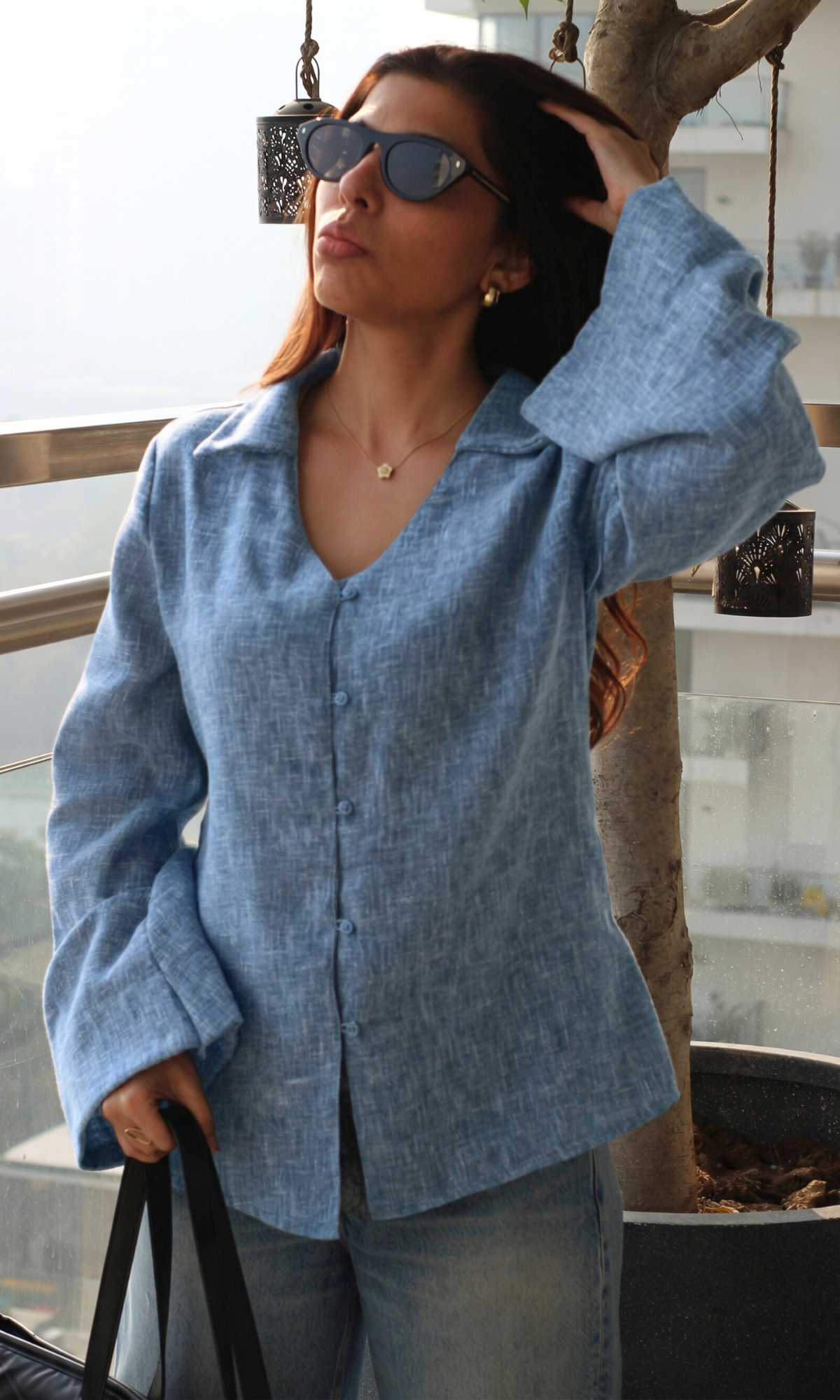 Denim Blue Textured Flared Sleeve Shirt
