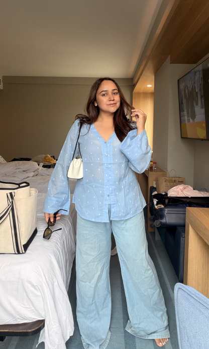 Sky-White Dobby Flared Sleeves Shirt