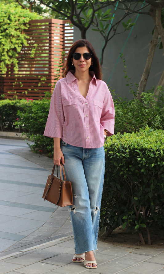 Red Striped Cotton Cropped Shirt