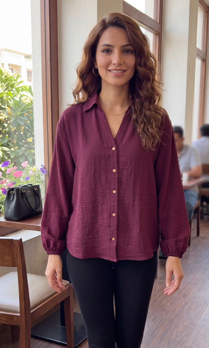 Wine Metallic Buttoned Balloon Sleeved Shirt