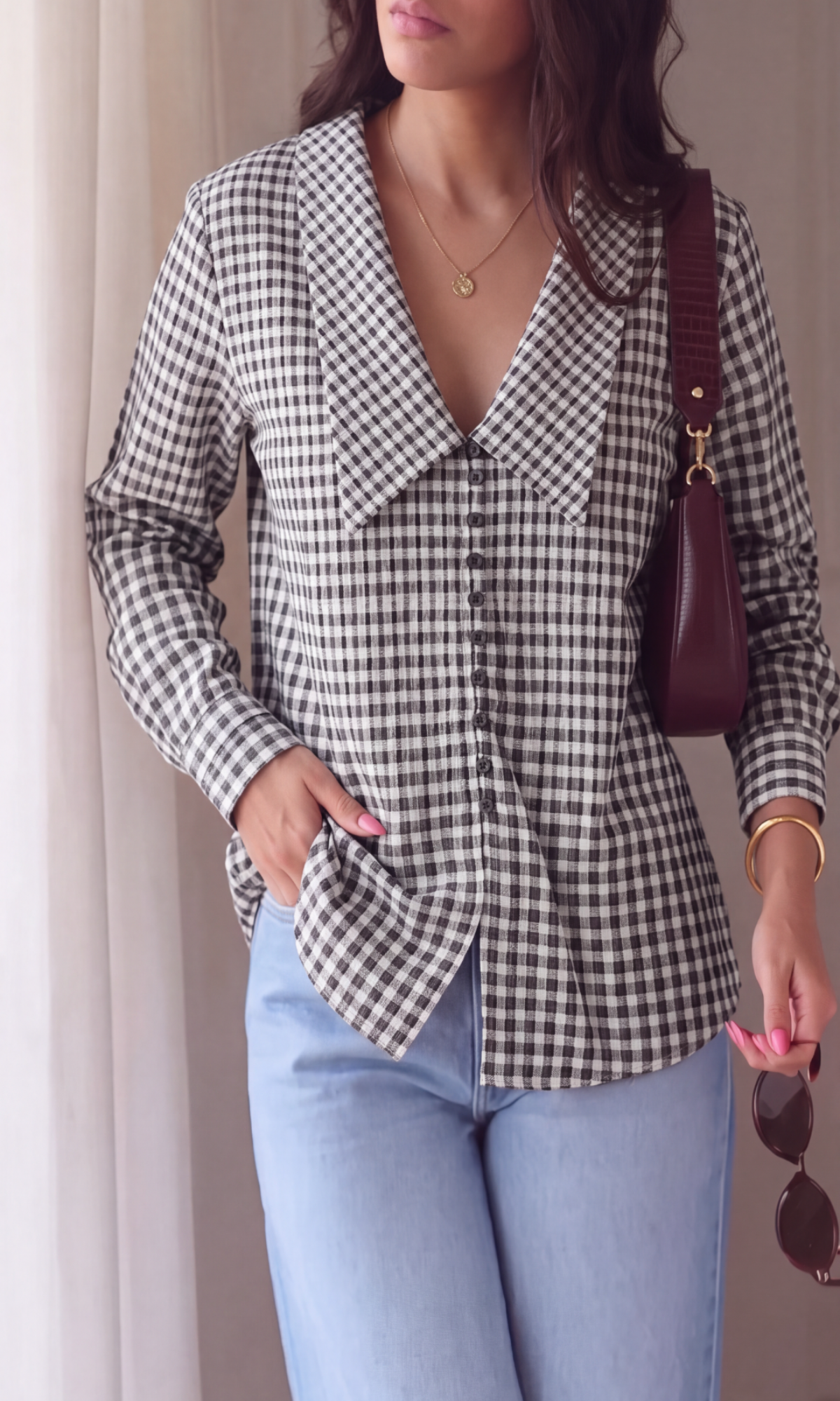 Black & Ivory Gingham Oversized Collar Shirt