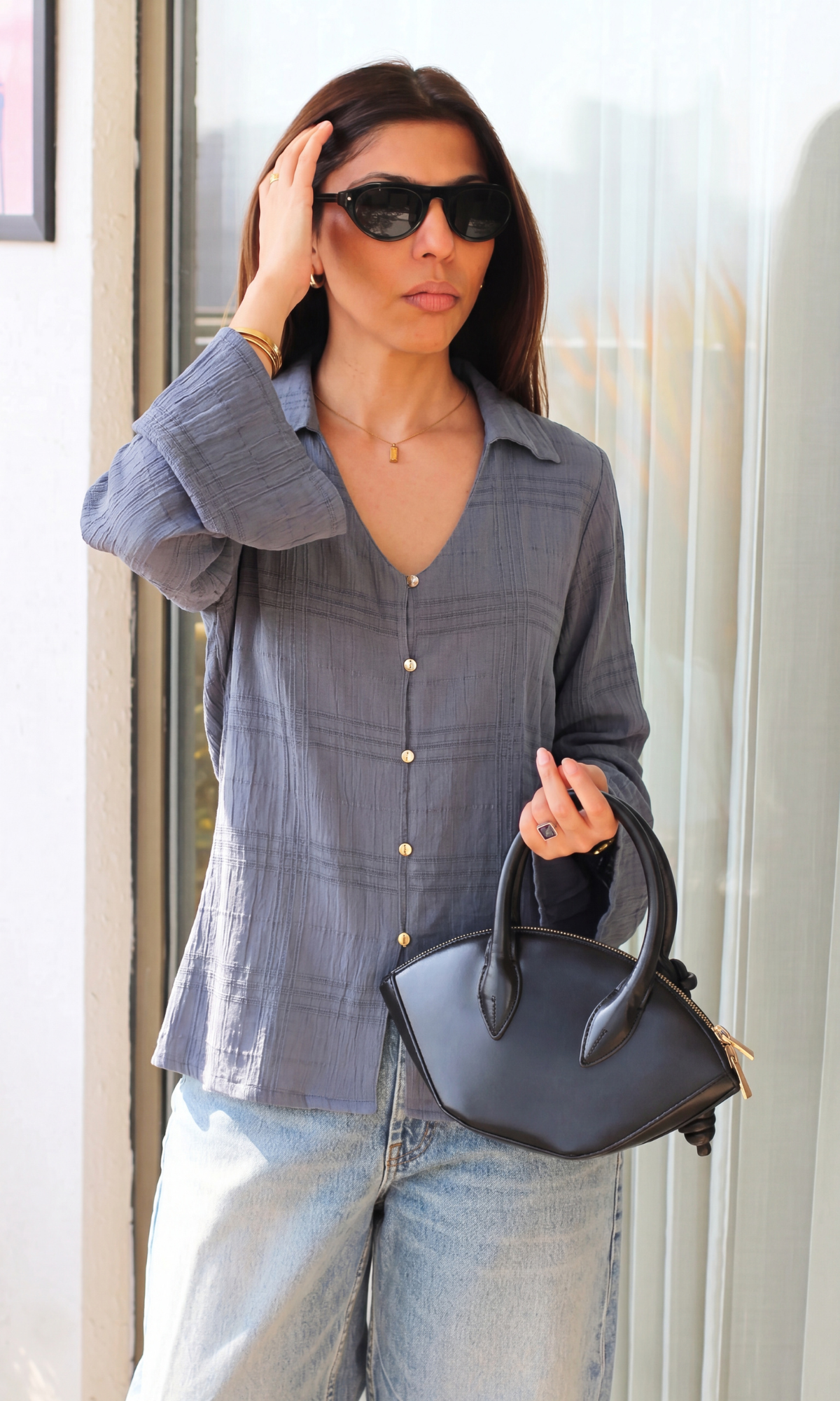 Slate Dobby Collared Blouse