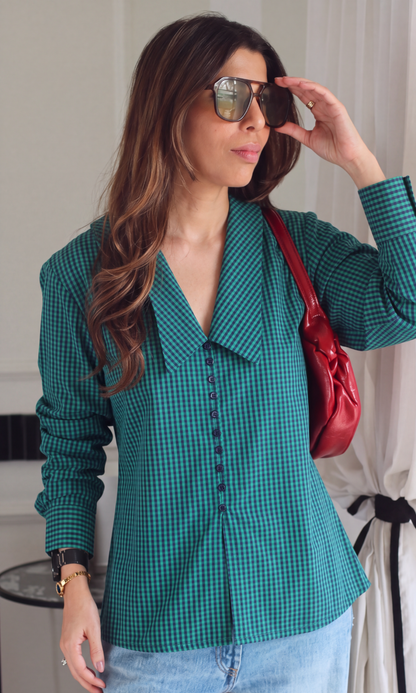 Green Blue Gingham Check Oversized Collar Shirt