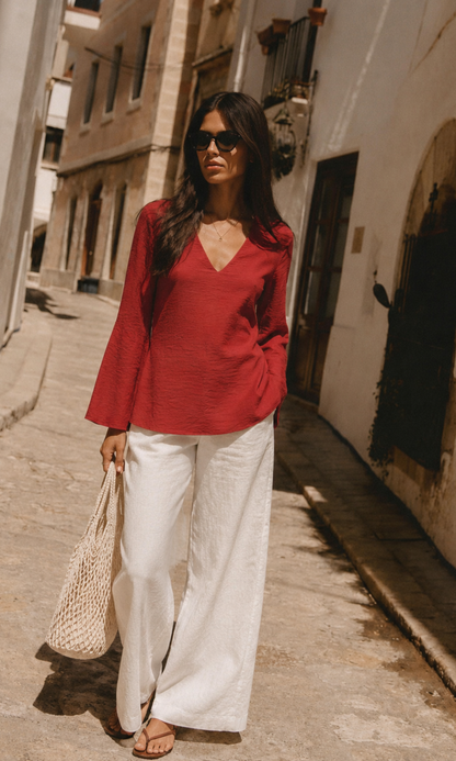 Red V-Neck Peplum Top