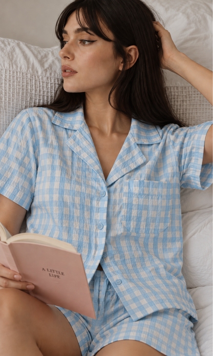 Sky Blue Check Shirt & Shorts Set
