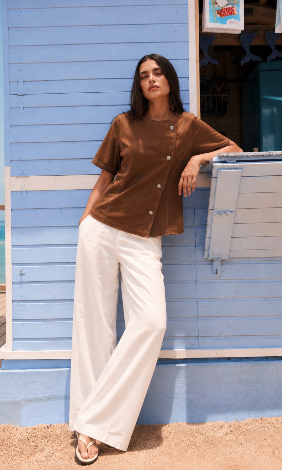 Brown Denim Contrast Stitch Top