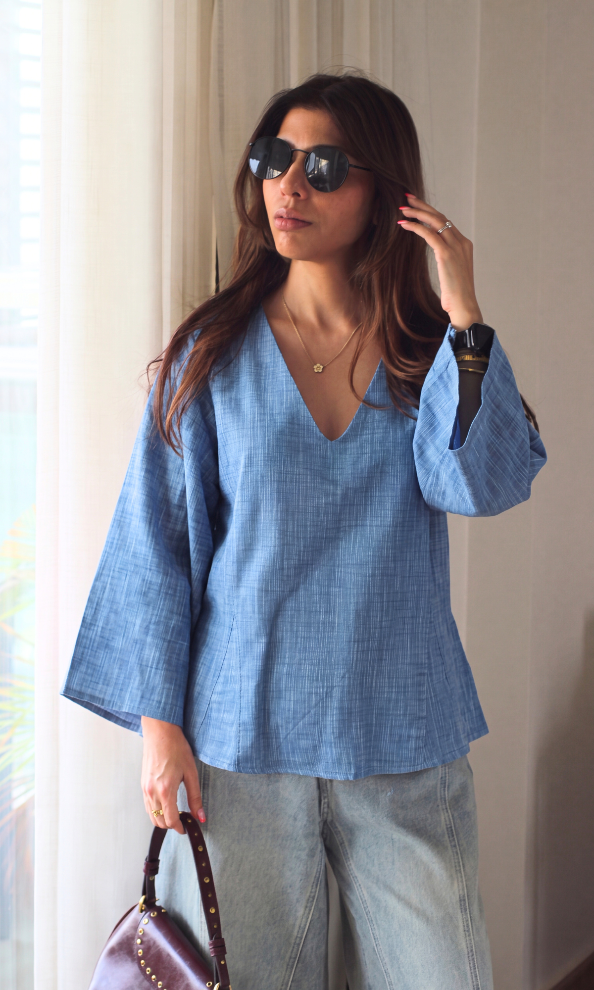 Blue Chambray V-Neck Peplum Top