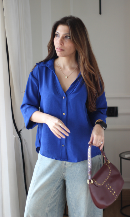 Electric Blue Metallic Button  Boxy Shirt