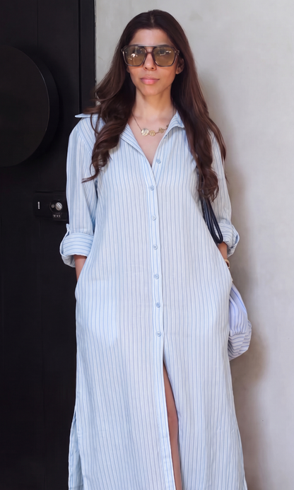Steel Blue Stripe Collar Shirt Dress