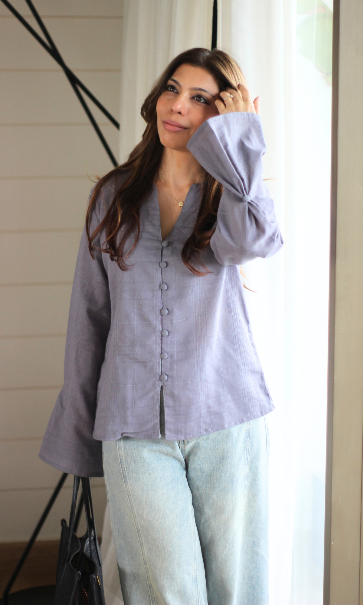 Dobby V-Neck Buttoned Blouse