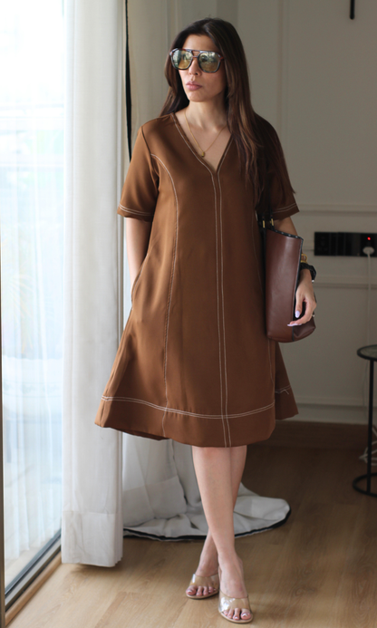 Mocha Brown Contrast Stitch Dress