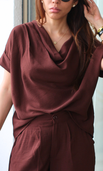 Brown Cowl Neck Top and Pants Co-ord