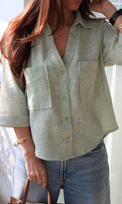 Light Green Weave Cropped Shirt