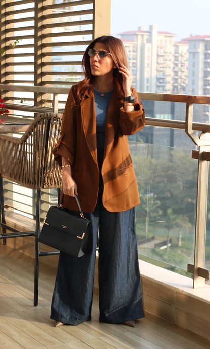 Mocha Rolled-Up Sleeve Blazer Jacket