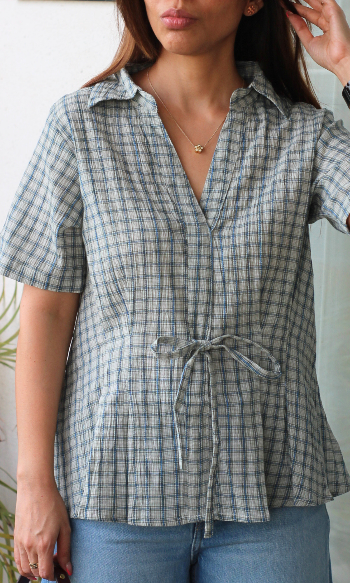 Striped Crinkled Tie Detail Top
