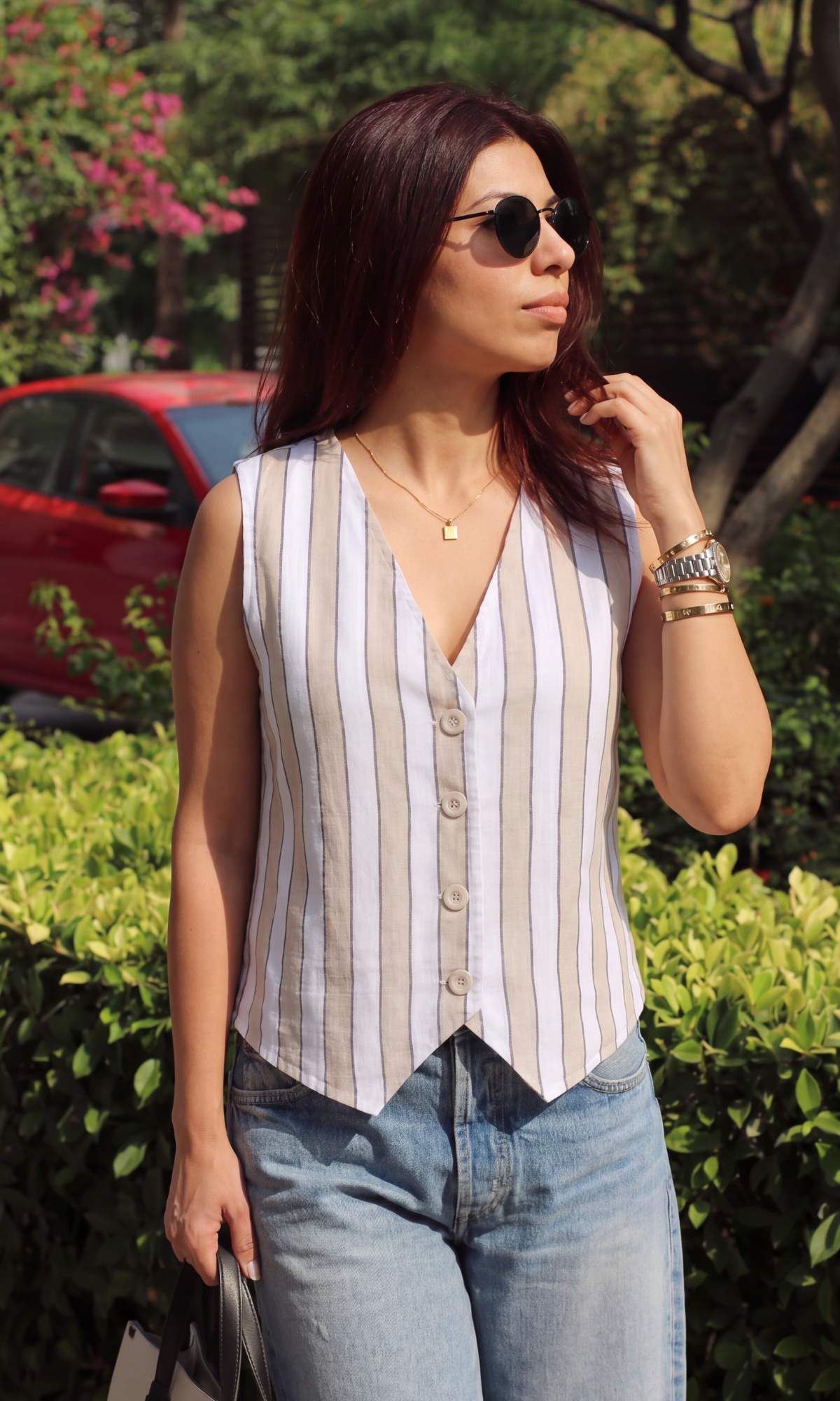 White-Beige Linear Cotton Waistcoat