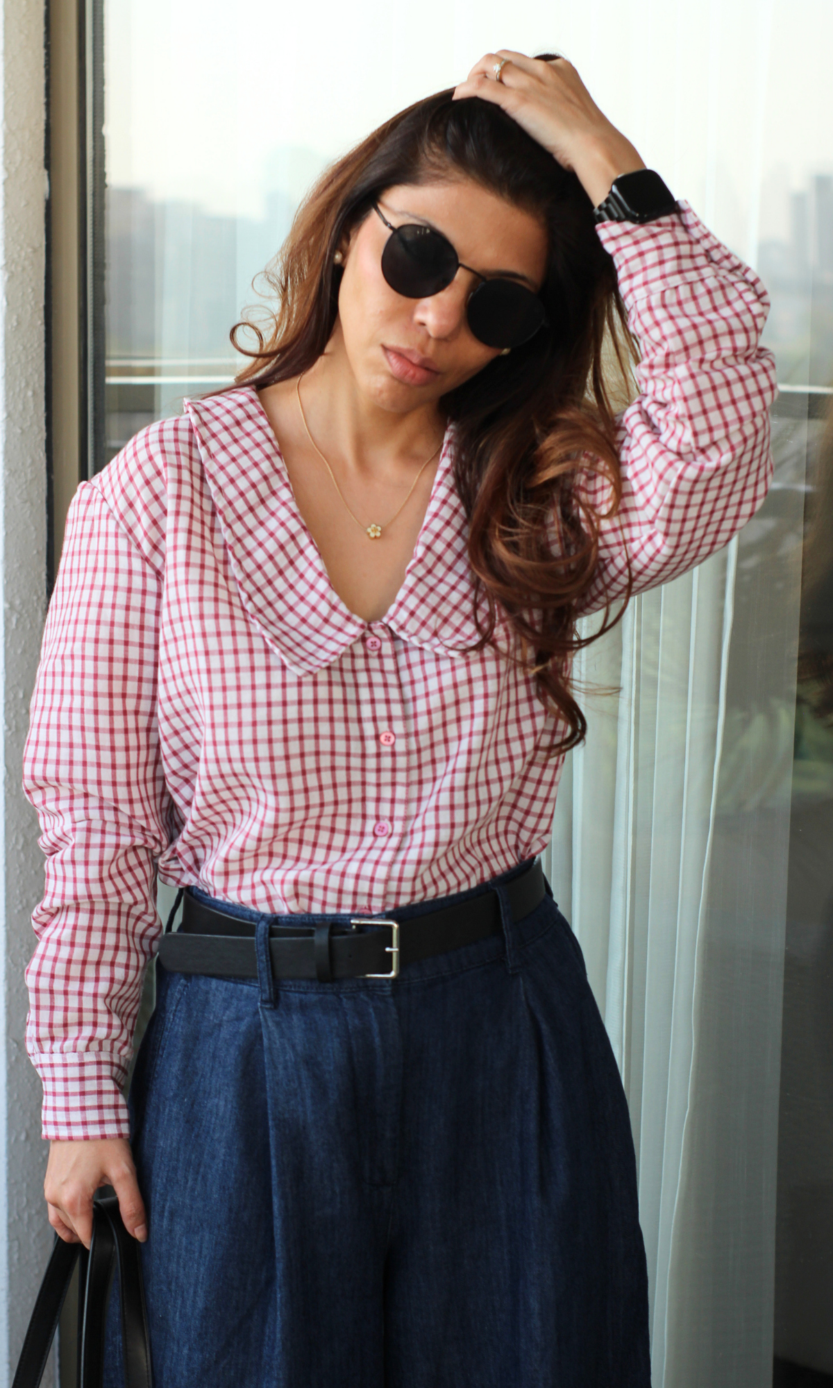 Red Gingham Peter Pan Collared Shirt
