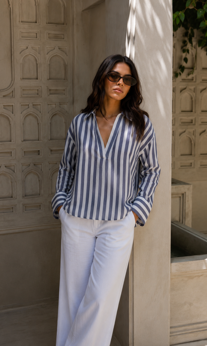 Navy Striped  Open-Collar Top