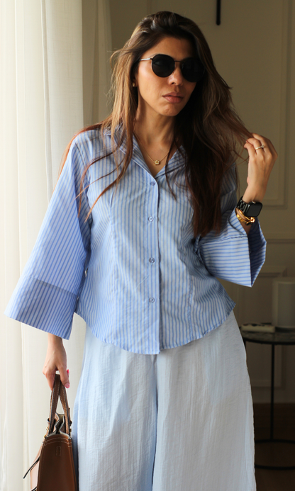 Powder Blue Pinstripe Tailored Peplum Shirt