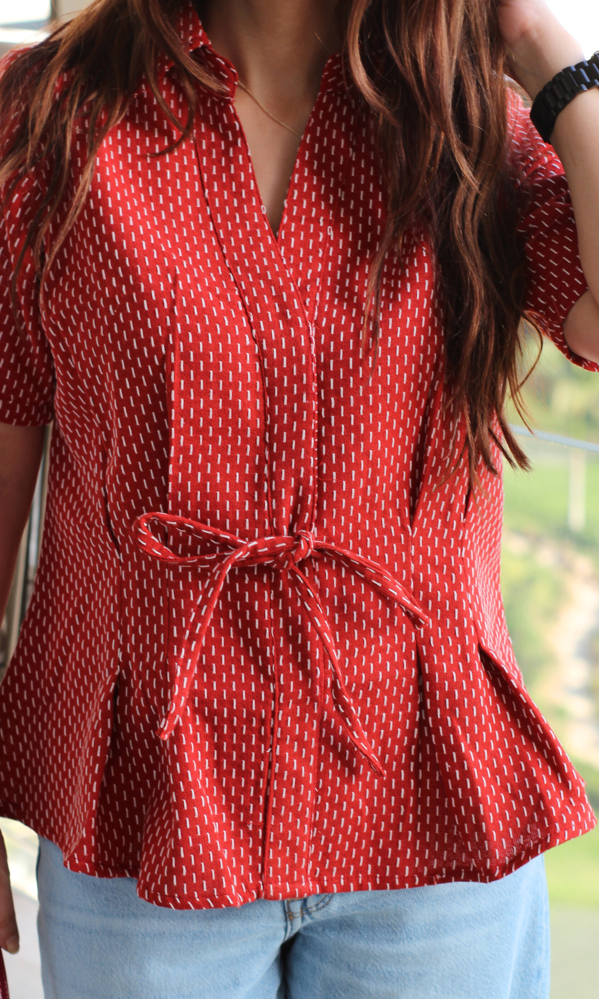 Brick Weave Textured Tie Detail Top