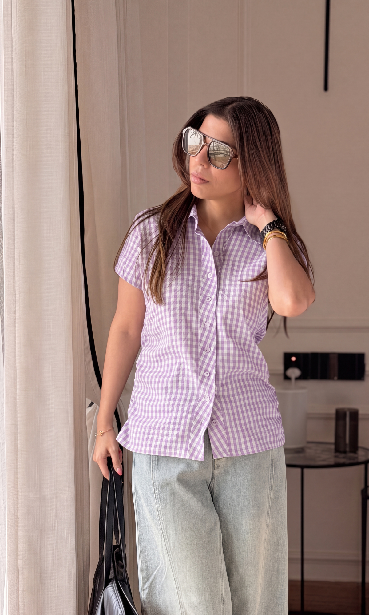 Lilac Gingham Ruched Shirt
