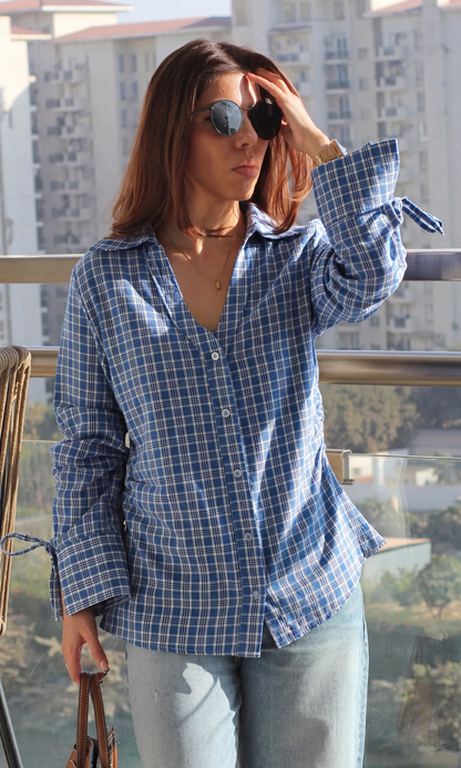 Blue Check Ruched Tie-Cuff Shirt