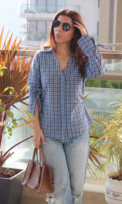 Blue Check Ruched Tie-Cuff Shirt