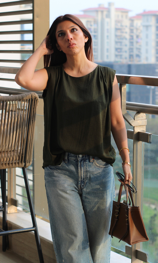 Olive Gathered Shoulder Top