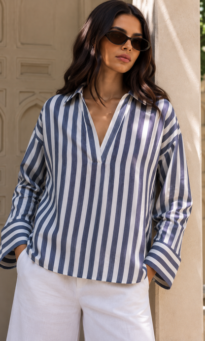 Navy Striped  Open-Collar Top
