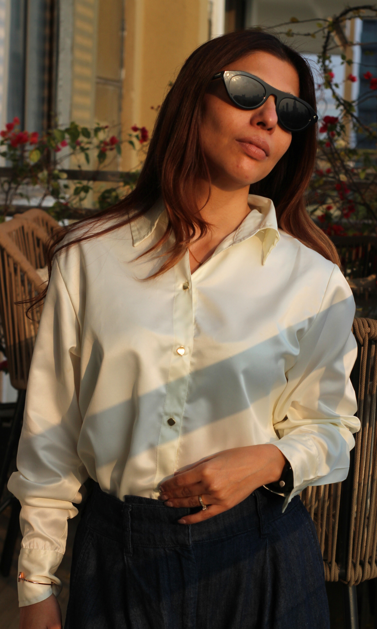 Cream Satin Metallic Buttoned Shirt