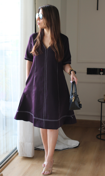 Deep Plum Contrast Stitch Dress