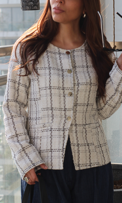 White Tweed Sleeved Metallic Buttoned Waist Coat