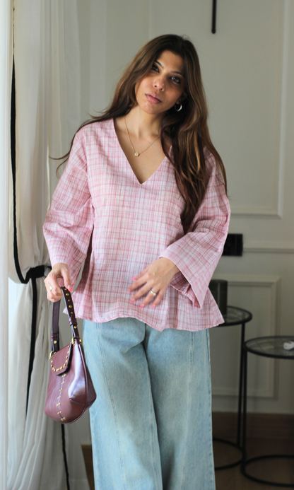 Rose Check V-Neck Peplum Top
