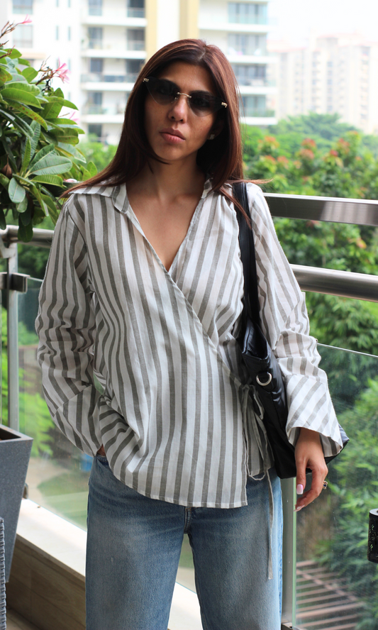 Charcoal-White Collared Cotton Kimono Top