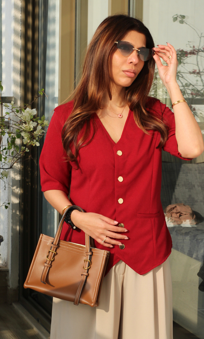 Deep Red Sleeved Metallic Buttoned Waist Coat