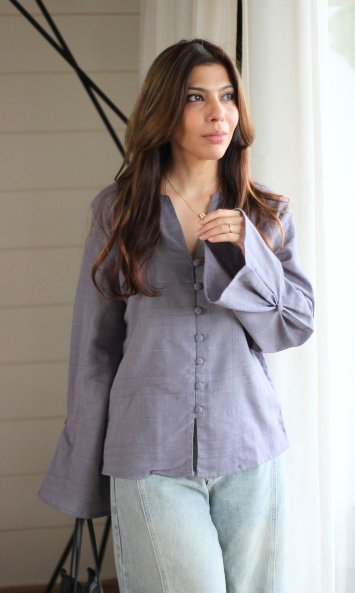Dobby V-Neck Buttoned Blouse